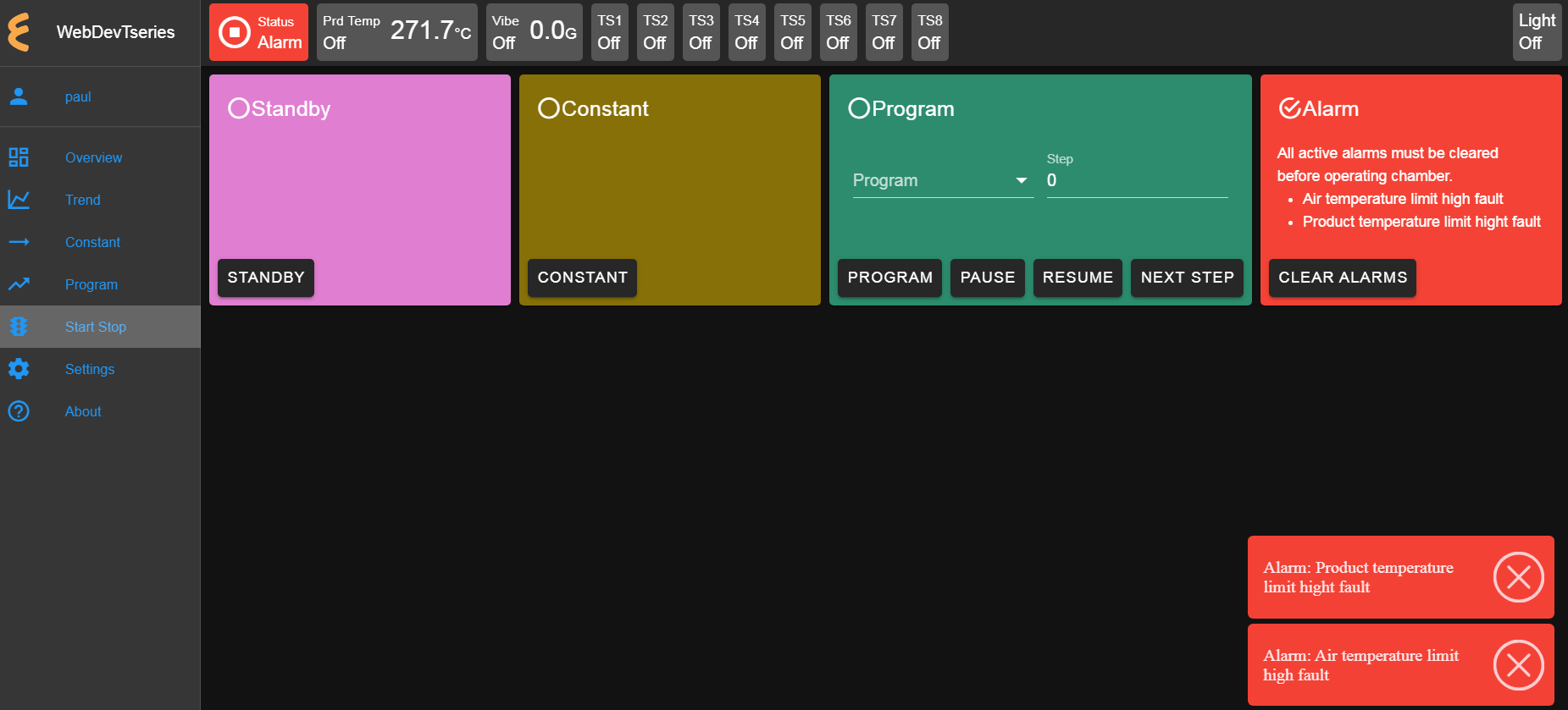 Managing chamber alarms in the Start/Stop menu