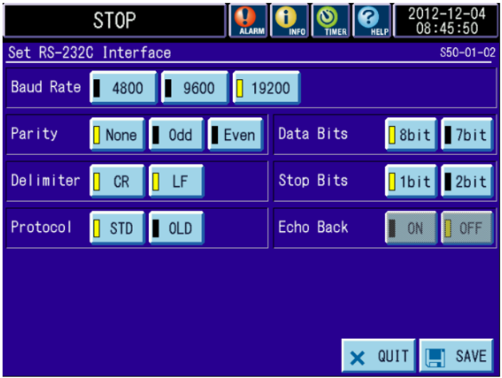 RS-232C COMM setting options on P300