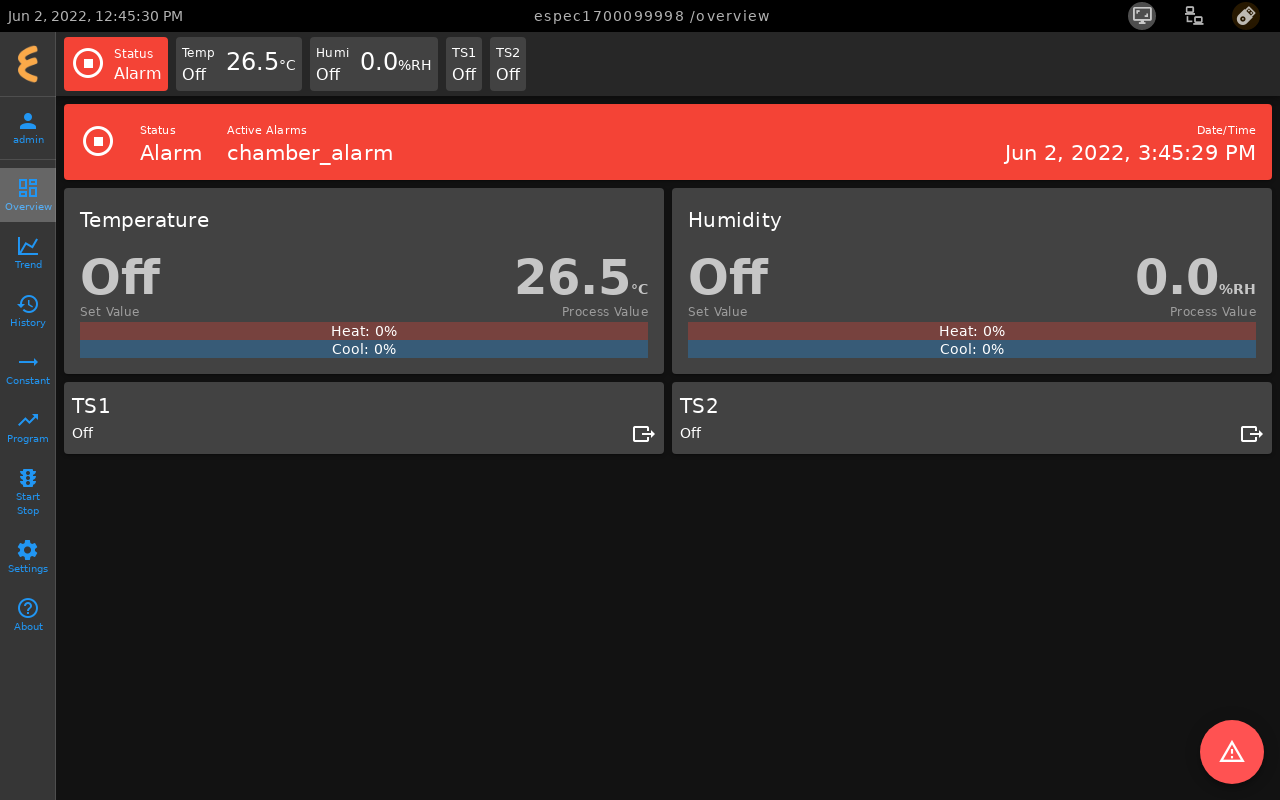 Alarm state displayed on MIMO touchscreen