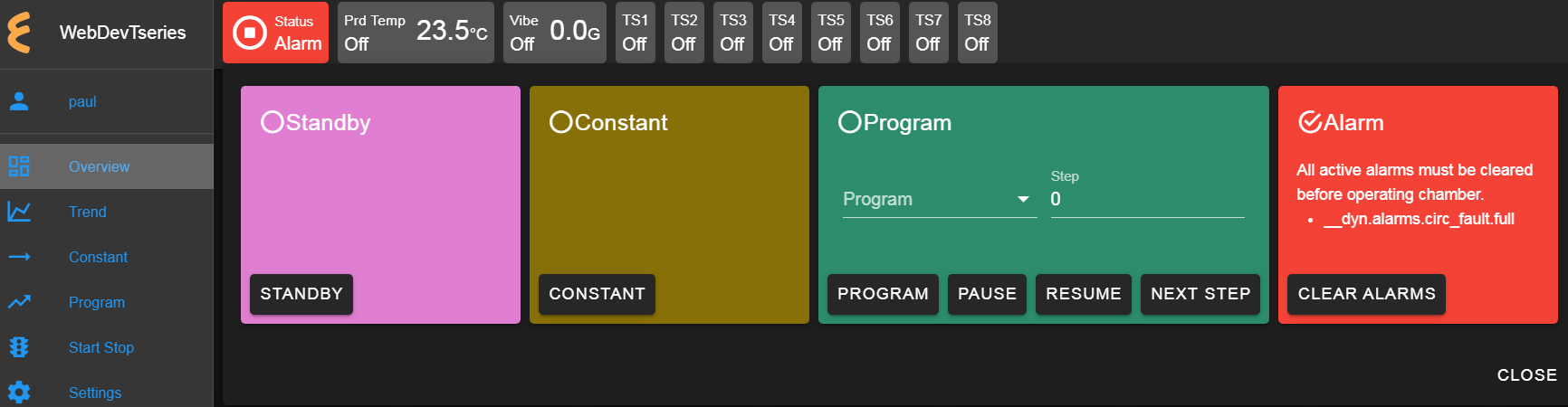 Overview page showing the Status bar with alarm message