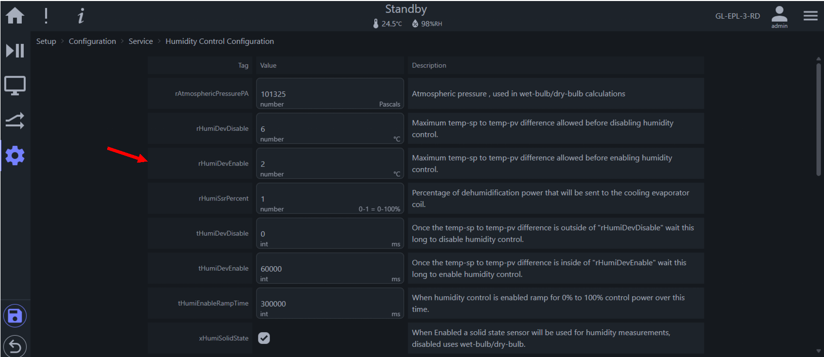 Control setting for Humidity activation