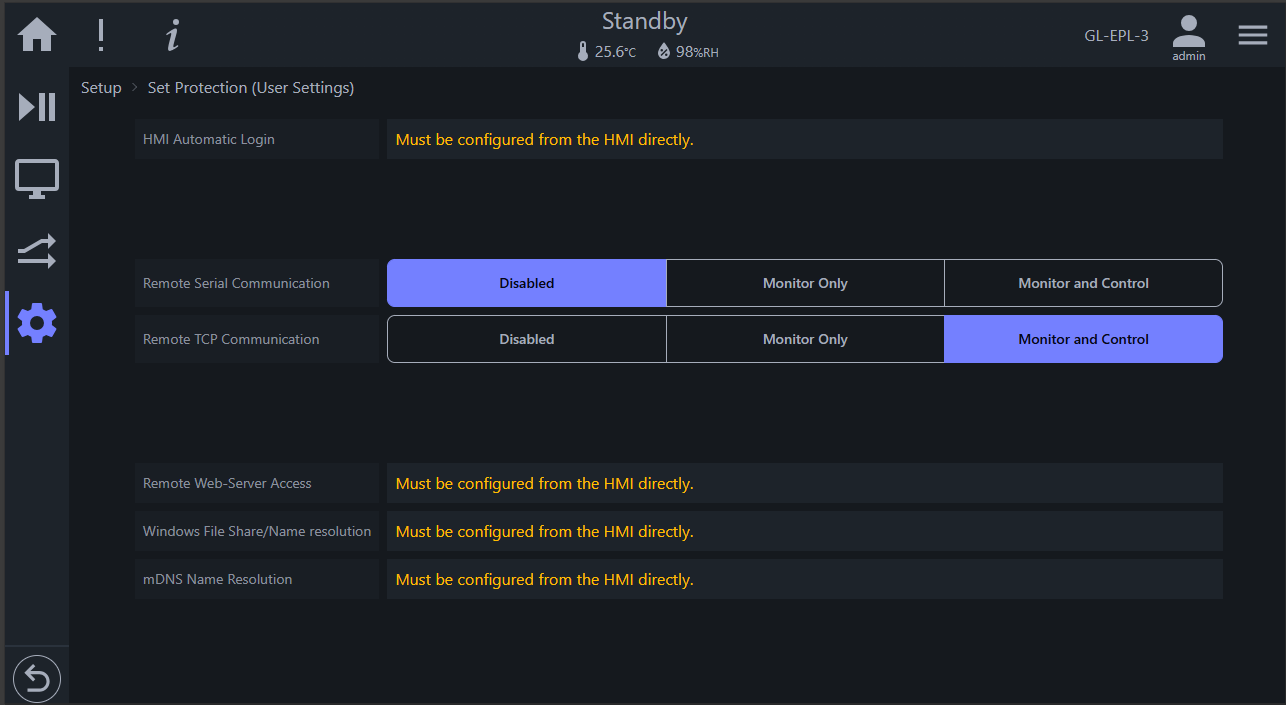 GL controller UI on a Web browser