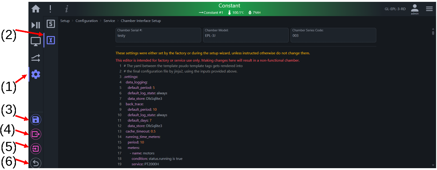 Chamber interface setup page in Expert Mode