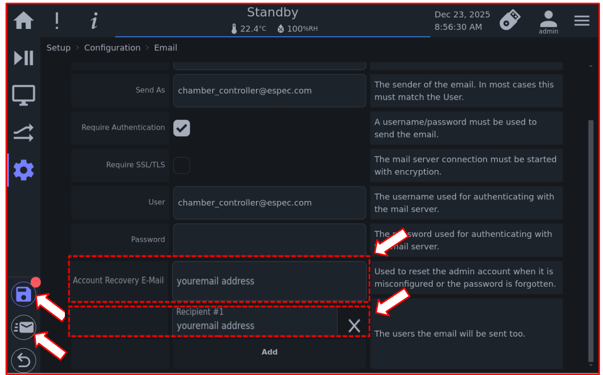 Entering e-mail address for admin account recovery