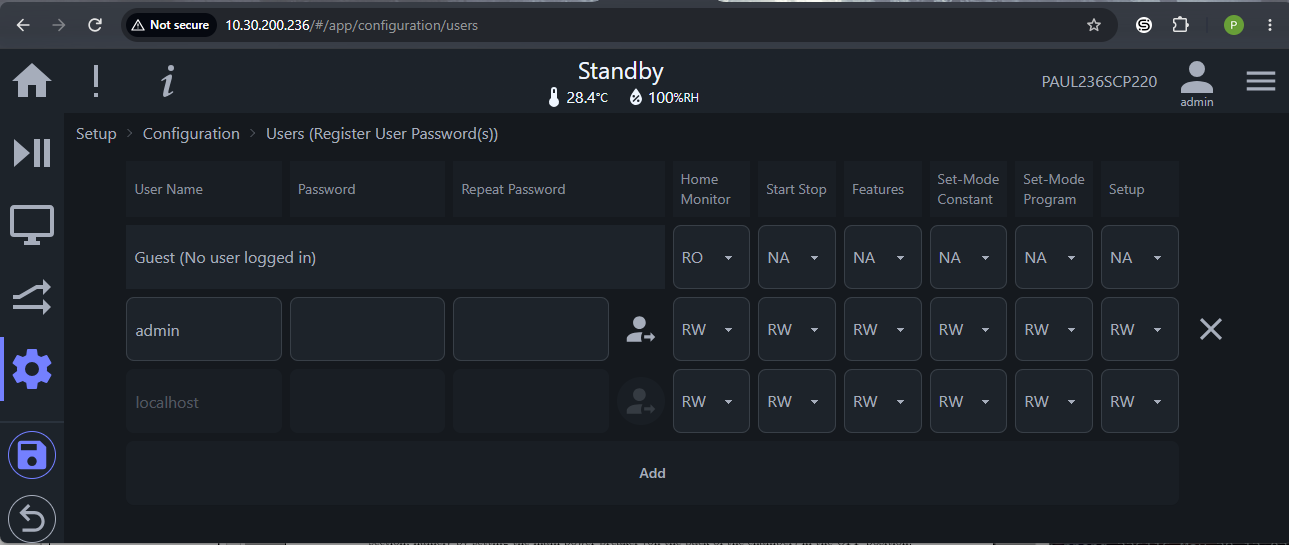 Default User Account page in Web-based UI